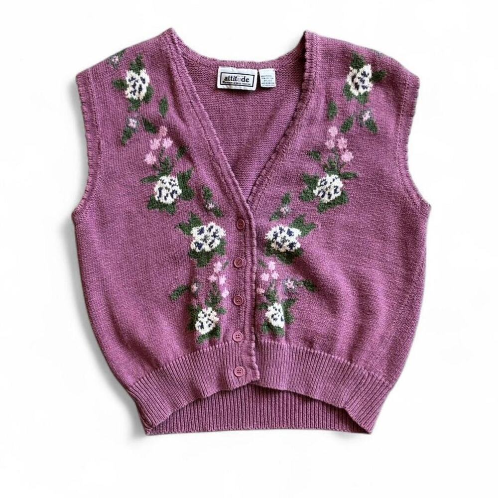 90s Vintage Mauve Floral Sweater Vest – Cottagecore Grandpa Knit XL